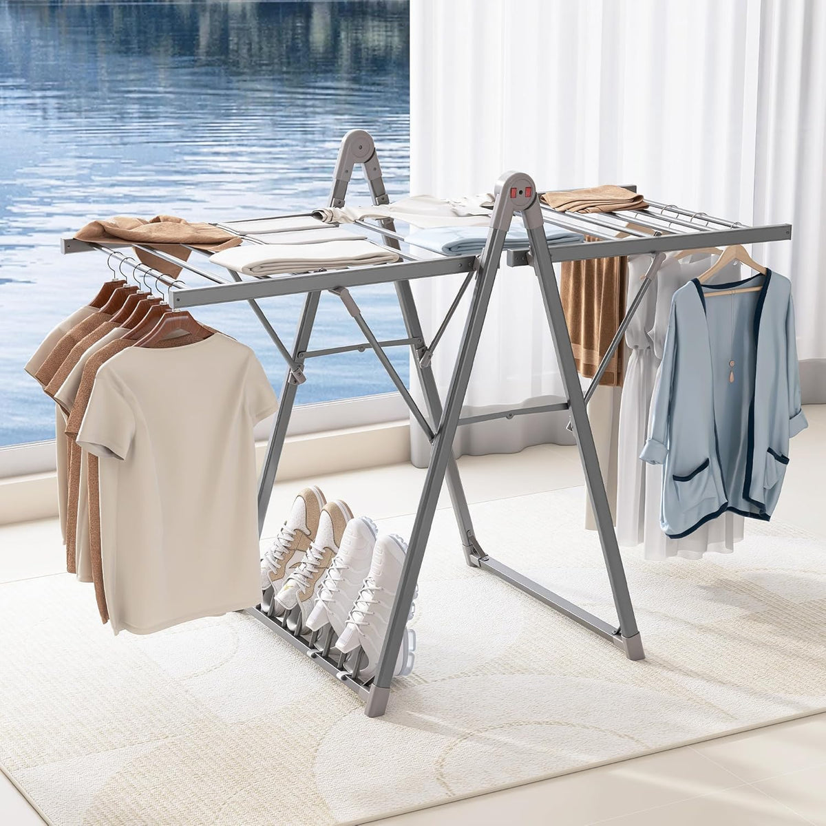 Electric Heating Clothes Drying Rack,Foldable Clothes Drying Rack,Suitable for Drying Clothes, Shoes and Socks.Plug & Play,Space Gray,Aluminum Alloy,One-Click Switch(39.37×52.56×25.98in)