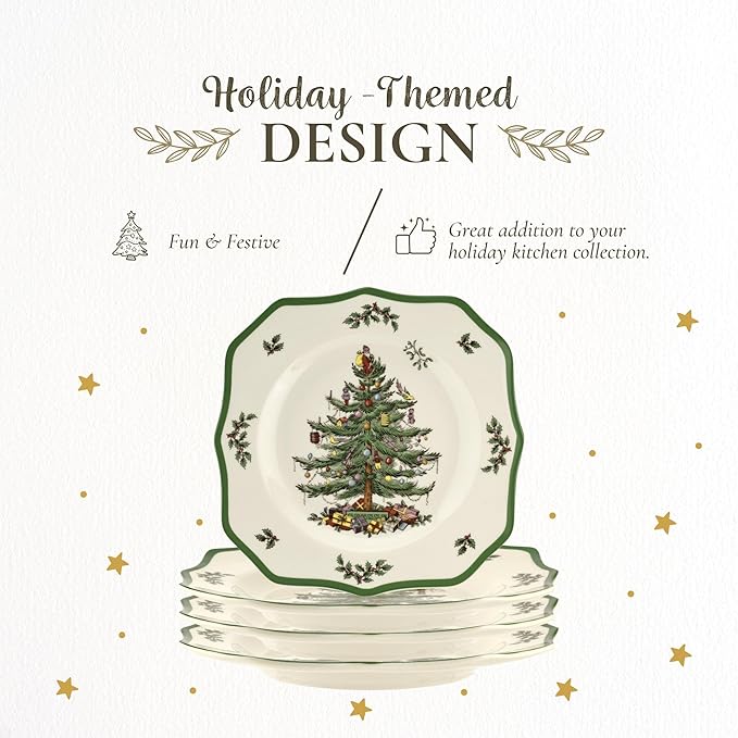 Spode Christmas Tree Scalloped Dinner Plate (Set of 4) - Holiday Stoneware Large Plates - 10.5 Inch Christmas Dinner Dishes, Colorful Gifts & Mistletoe Accents - Dishwasher & Microwave Safe