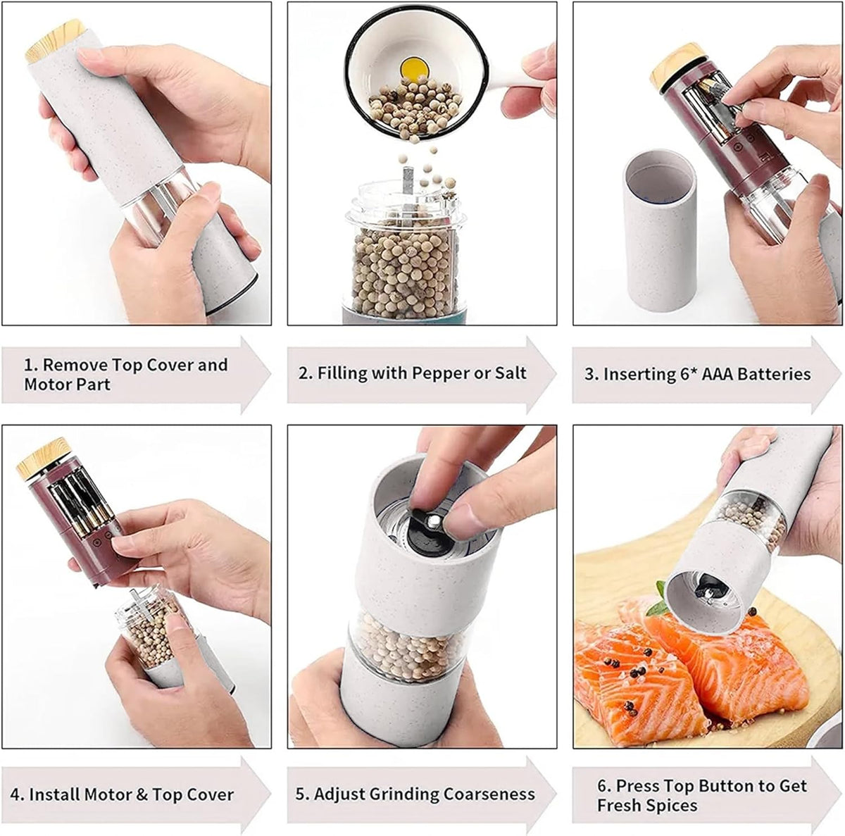 MEHIDFY Electric Salt and Pepper Grinder Set, 2 Pack Salt and Pepper Grinder Battery Operated, One-Handed Automatic Salt and Pepper Mill Grinder with LED Light, Adjustable Coarseness (White)