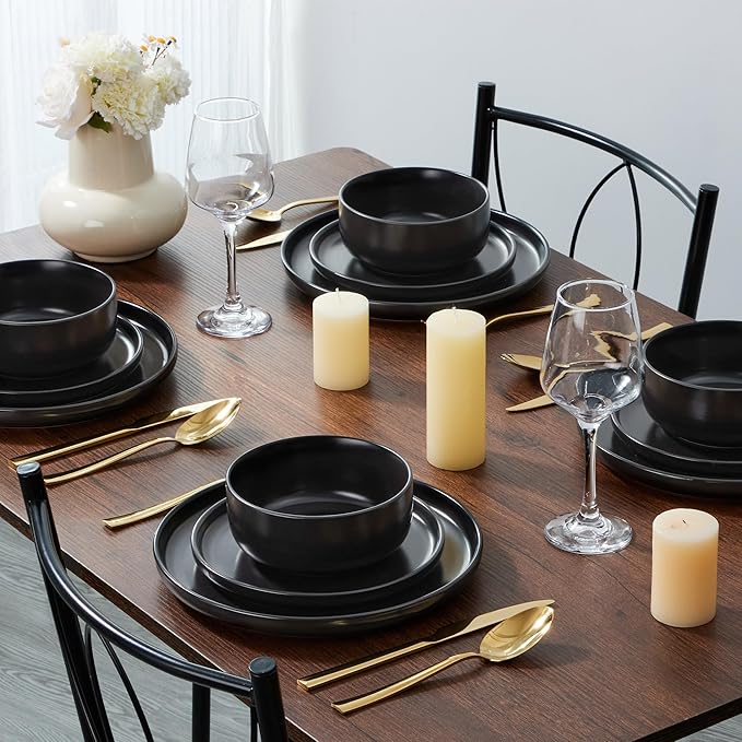 E-far Stoneware Dinnerware Sets for 4, 12-Piece Plates and Bowls Set, Modern Ceramic Dishes Dinning Ware, Microwave & Dishwasher Safe - Matte Black