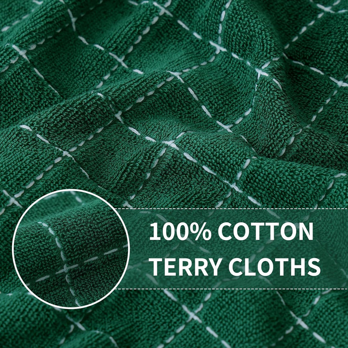 Homaxy 100% Cotton Terry Kitchen Towels(Dark Green, 13 x 28 inches), Checkered Designed, Soft and Super Absorbent Dish Towels, 12 Pack