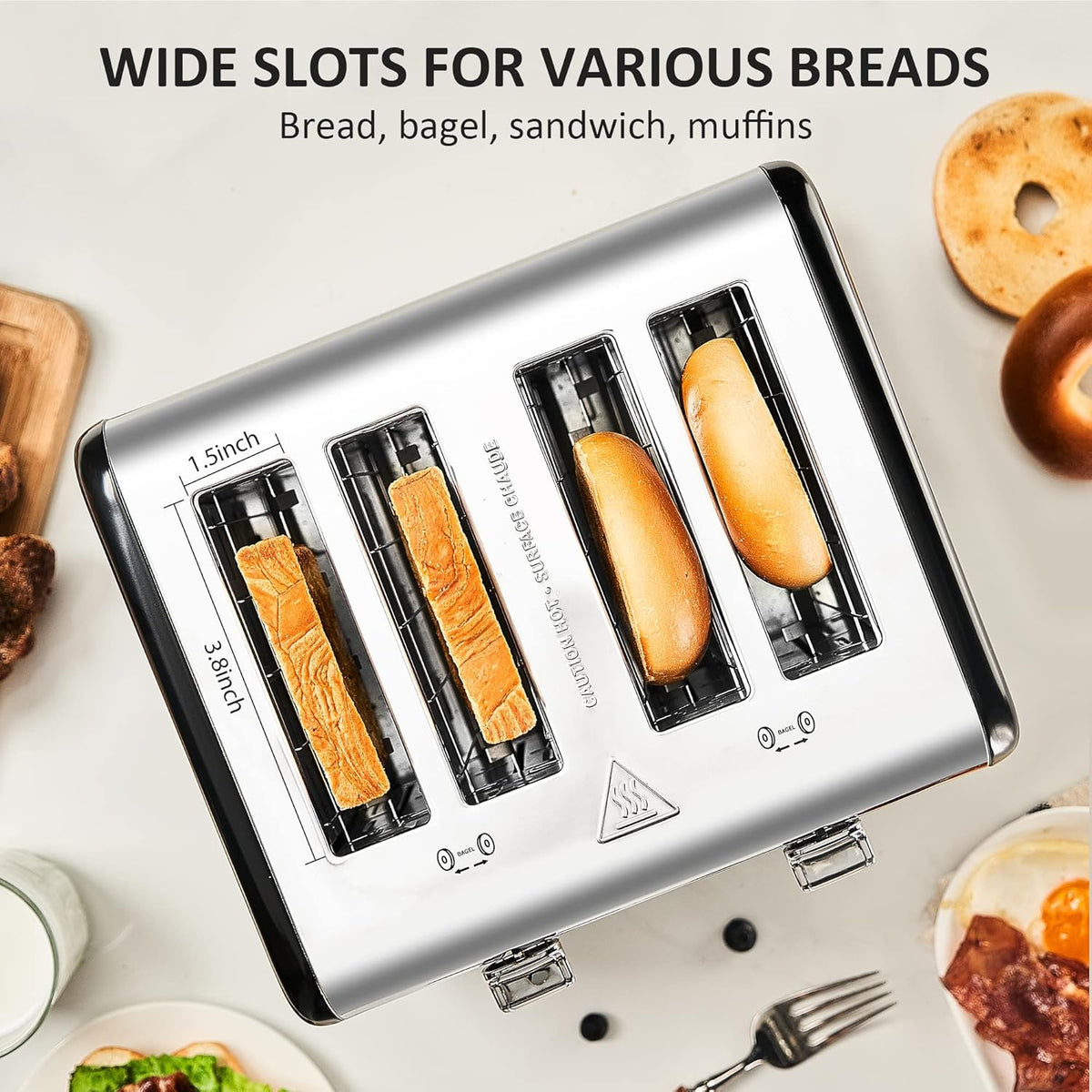 Countdown Stainless Steel 4 Slice Toaster with Bagel, Defrost, Cancel Function, Dual Toaster, Extra Wide Slots, 6 Shade Settings, Removable Crumb Trays, 1650W, Black