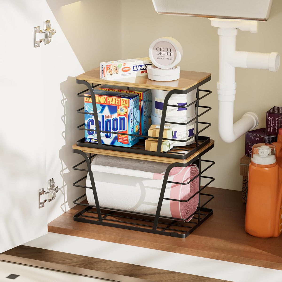 2 Pack Extra Large Pantry Storage Organizers, Pantry Baskets organization, Potato and Onion Storage Bin, Wall Mount Trash Bag Storage for 13-33 Gallon Bags with Bamboo Top, Black