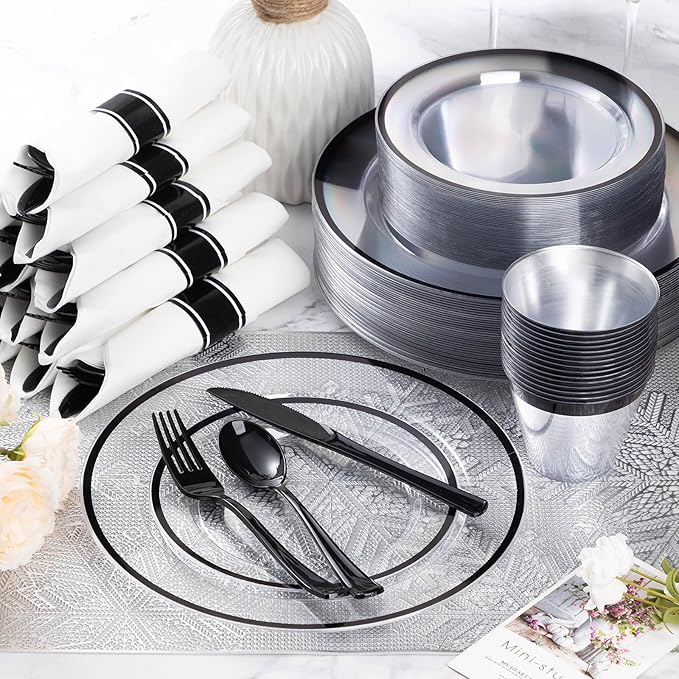 Goodluck 175 Piece Black Plastic Dinnerware Set for Party, Clear Disposable Plates for 25 Guests, Include: 25 Dinner Plastic Plates, 25 Dessert Plates, 25 Pre Rolled Napkins with Cutlery Set, 25 Cups