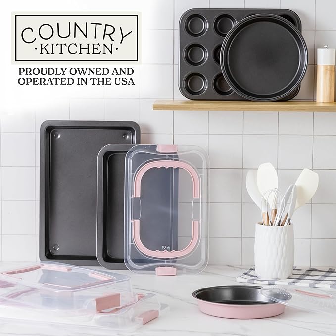 Country Kitchen Baking Pans Set - 10 Piece Non-Stick Cake Pans with Carry Lids for Easy Storage & Travel, Perfect for Parties - Stackable, Pink