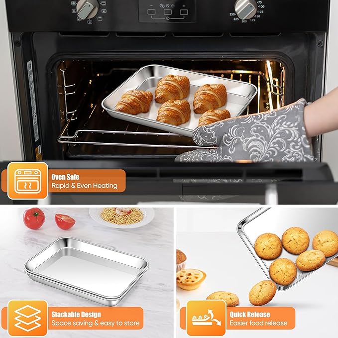 Homikit 2 Pack Baking Sheet, 10 x 8 Inch Stainless Steel Cookie Tray Set for Cooking Toasting, Small Metal Toaster Oven Baking Pan Non Stick, Rustproof & Mirror Finish, Dishwasher Safe