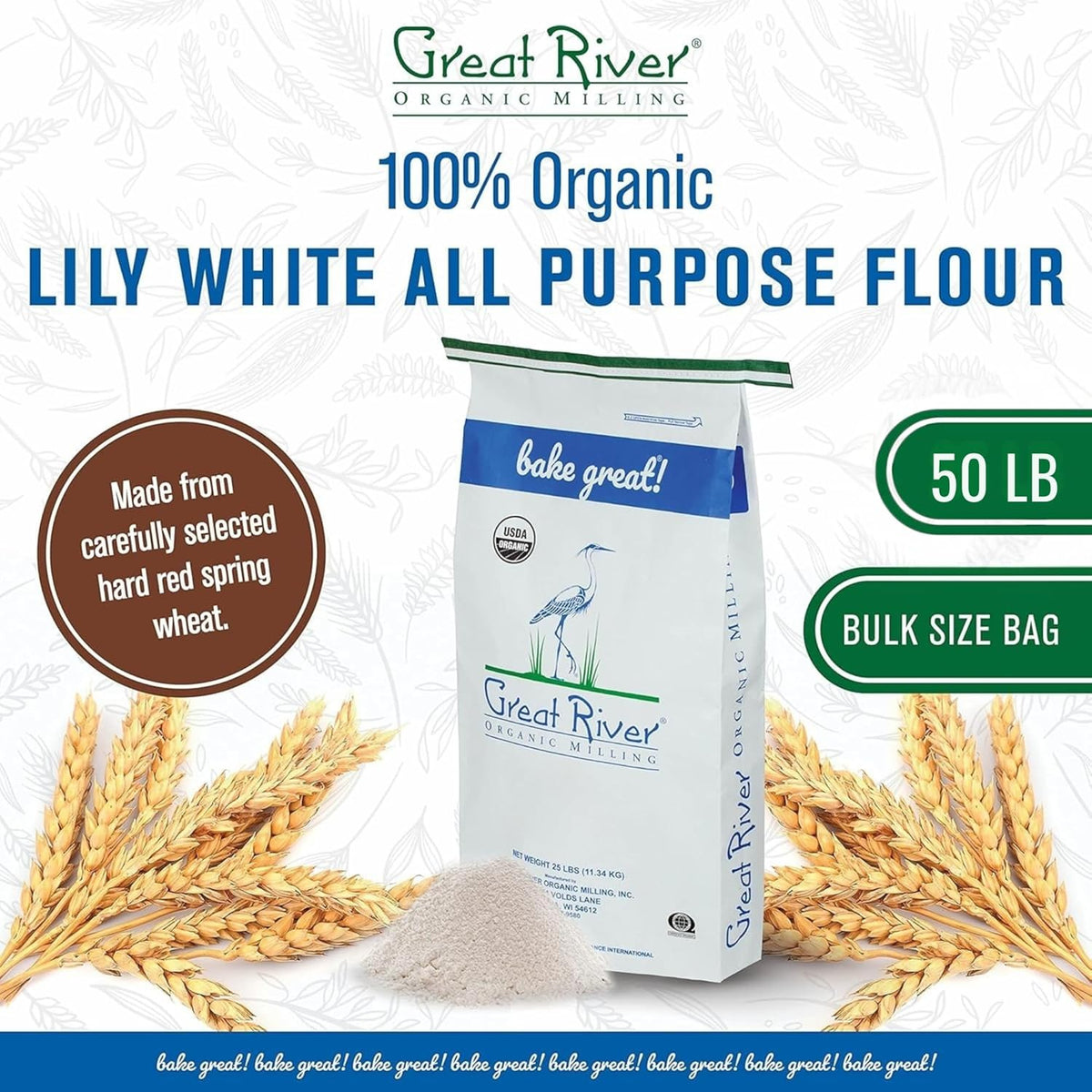 Great River Organic Milling Lily White Organic All-Purpose Flour | Unbleached & Unbromated | Non-GMO, Kosher | Ideal for Bread, Cookies, Cakes, Pizza Dough & Everyday Baking | 50 Lb