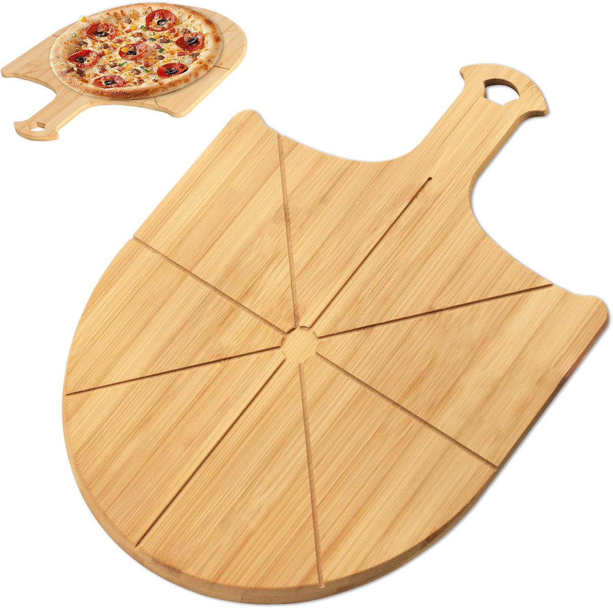 Pizza Peel Wooden, 12 Inch Pizza Spatula Wood Non-Stick, Bamboo Pizza Paddle as Cutting Board with Cutting Grooves for Easy Pizza and Bread Making