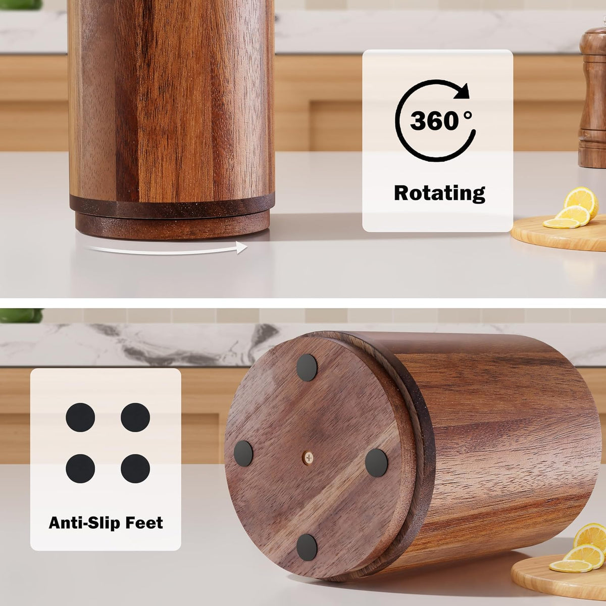 Utensil Holder, Acacia Wood Kitchen Utensil Holder for Countertop, 360°Rotating Cooking Utensil Crock for Kitchen Counter, 7.2" Large Utensil Organizer for Spatula