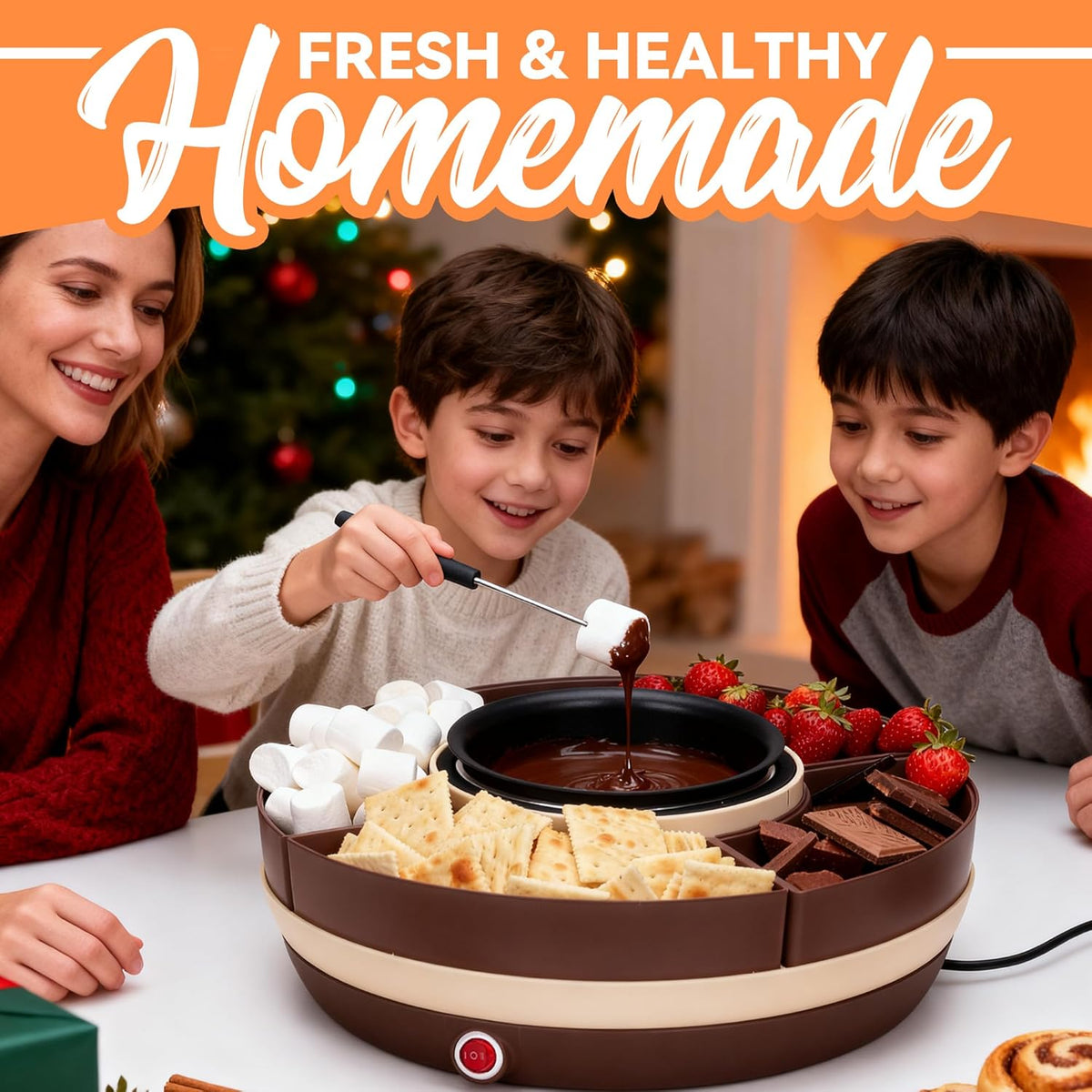 Cheese & Chocolate Fondue Machine, Candy Melting Pot for Party, Electric Fondue Pot Set, Chocolate Warmer, Hot Chocolate Maker, 4-Section Food Tray, Brown