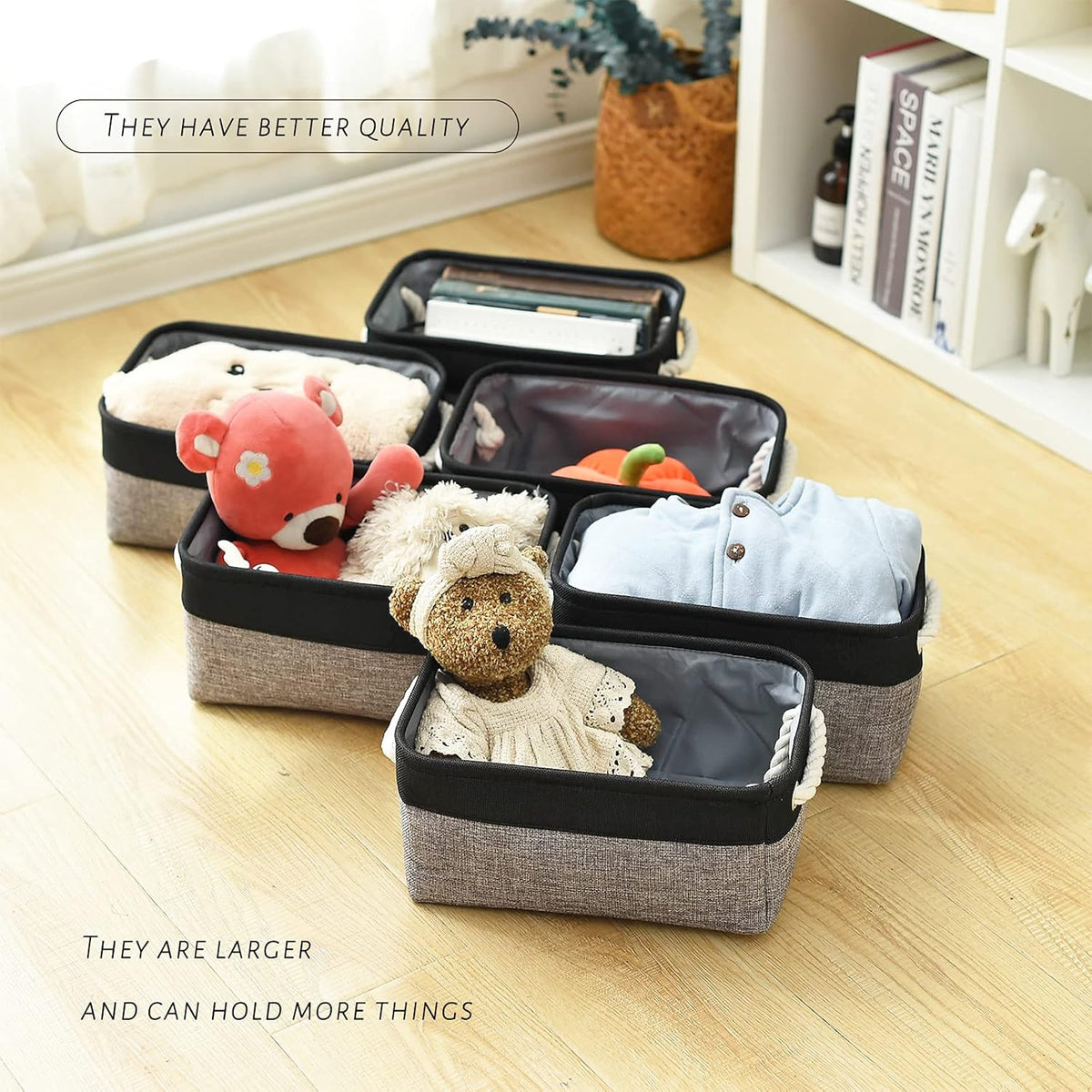 TcaFmac Storage Basket for Shelves - Small 6 Pack Fabric Storage Bins for Organizing, Collapsible Storage Cubes with Handle for Closet Cloth Toy Gift Kids (Black & Grey 11.8 x 7.8 x 5.2 inch)