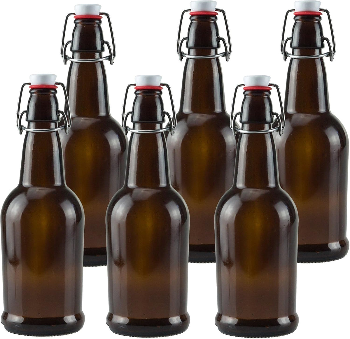 Ilyapa 16oz Amber Glass Beer Bottles for Home Brewing - 6 Pack with Airtight Rubber Seal Flip Caps