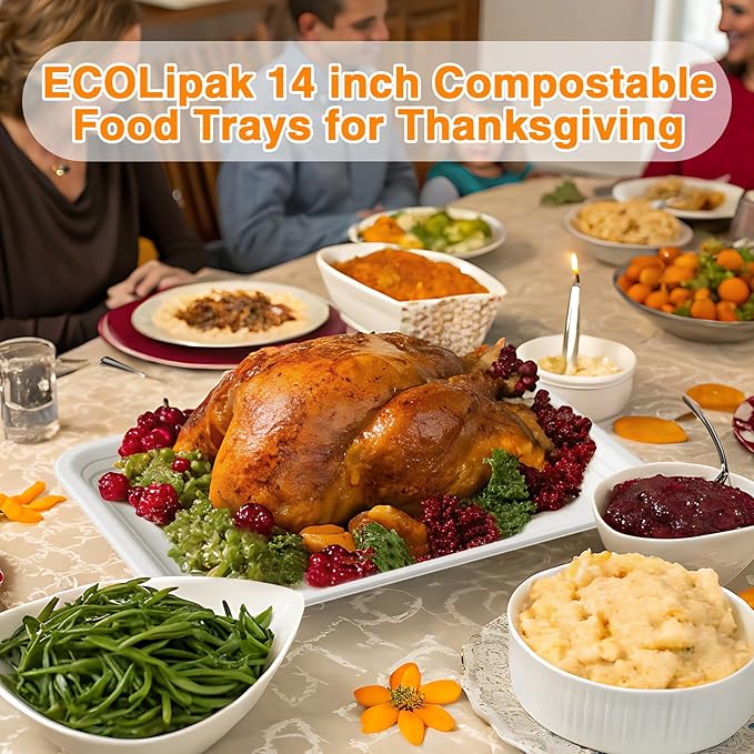 ECOLipak 50 Pack 14 Inch Disposable Food Crawfish Trays, Compostable Large Paper Plates, Disposable Thanksgiving Trays for Serving Food, Turkey, BBQ, Seafood Boil Party Supplies(White)