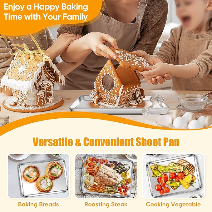 Homikit 2 Pack Baking Sheet, 9 x 7 Inches Stainless Steel Cookie Tray Set for Cooking Toasting, Mini Metal Cookie Toaster Oven Baking Pan Non Stick, Rustproof & Mirror Finish, Dishwasher Safe