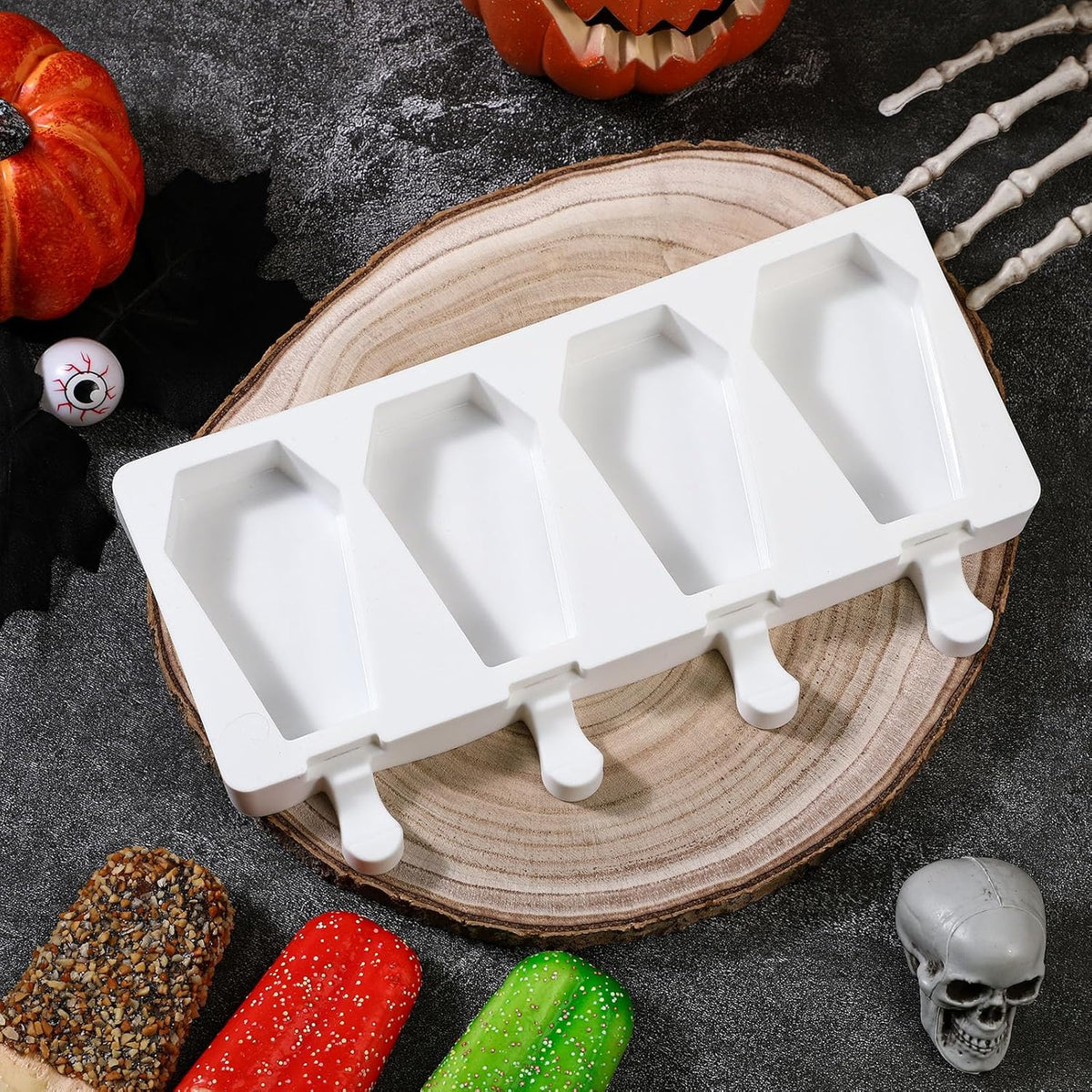 Hushee Halloween Coffin Shaped Mold Large 4 Cavity Reusable Silicone Cakesicle Cake Pop Ice Cream Mold for Halloween Adults Homemade Ice Cream Chocolate Candy DIY Trick Dessert Decorating