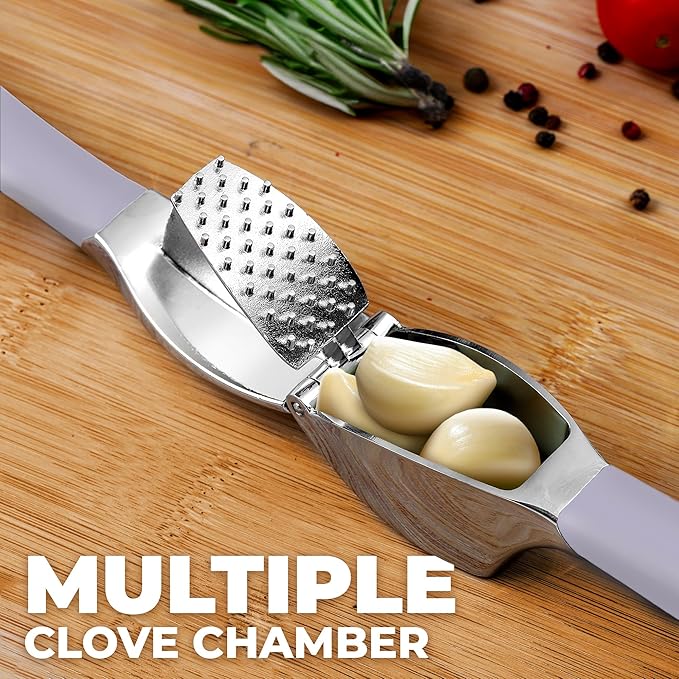Zulay Kitchen Comfort Grip Garlic Press - Garlic Mincer Tool - Garlic Crusher - Garlic Press Mincer Rust Proof, with Soft Ergonomic Handle, Easy Clean Set with Peeler and Brush - Lavender