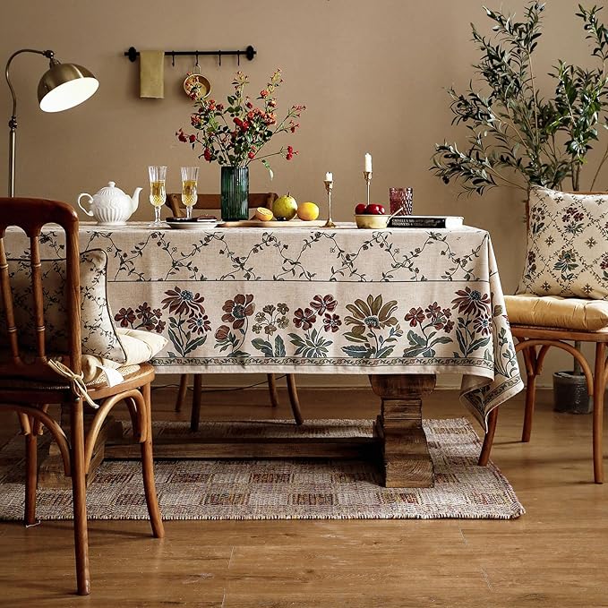 patdrea Designer Linen French Tablecloth for Rectangle Table,Fall Country Breathable Floral Tablecloths,Table Cover for Kitchen Dining,Tea Party,Christmas,Thanksgiving,63"x87"-Oliveirad
