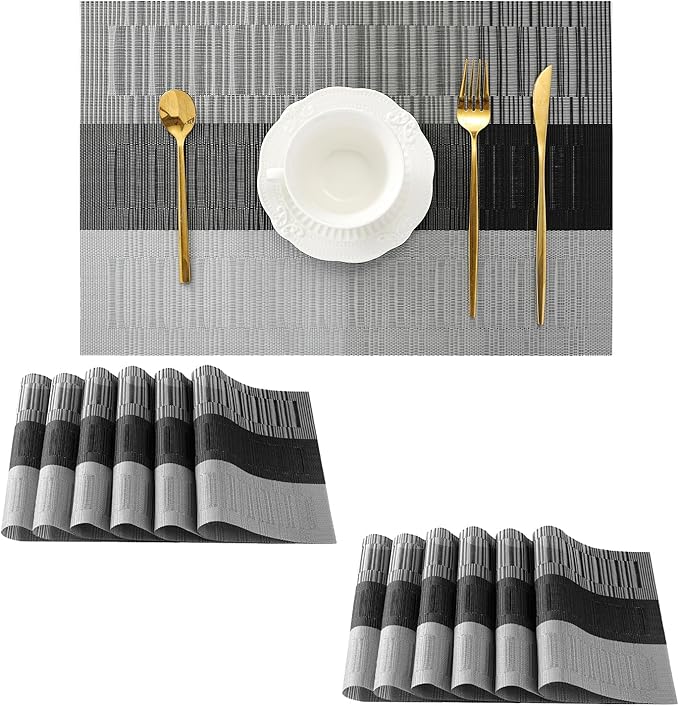 Leetaltree Grey with White Striped Placemats Set of 12 - Heat Resistant Non-Slip Place mats for Dining Table, Washable Durable PVC Vinyl Woven Table Mats（Grey Stripe, 12）