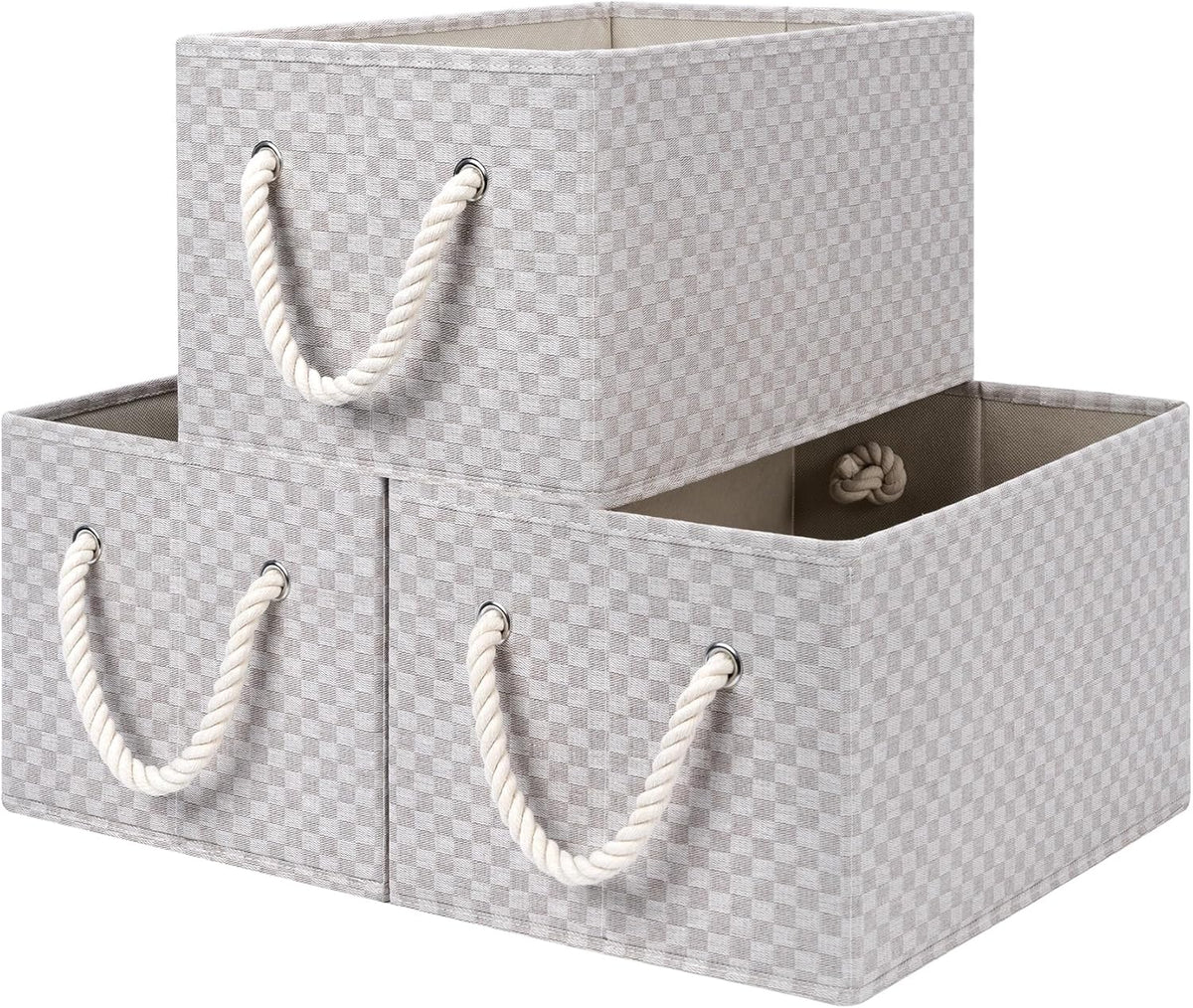 StorageWorks Storage Baskets for Shelves, Foldable Fabric Closet Storage Bins with Handles, Fabric Storage Bins Clothes Organizer, Khaki Check, 3-Pack, Large