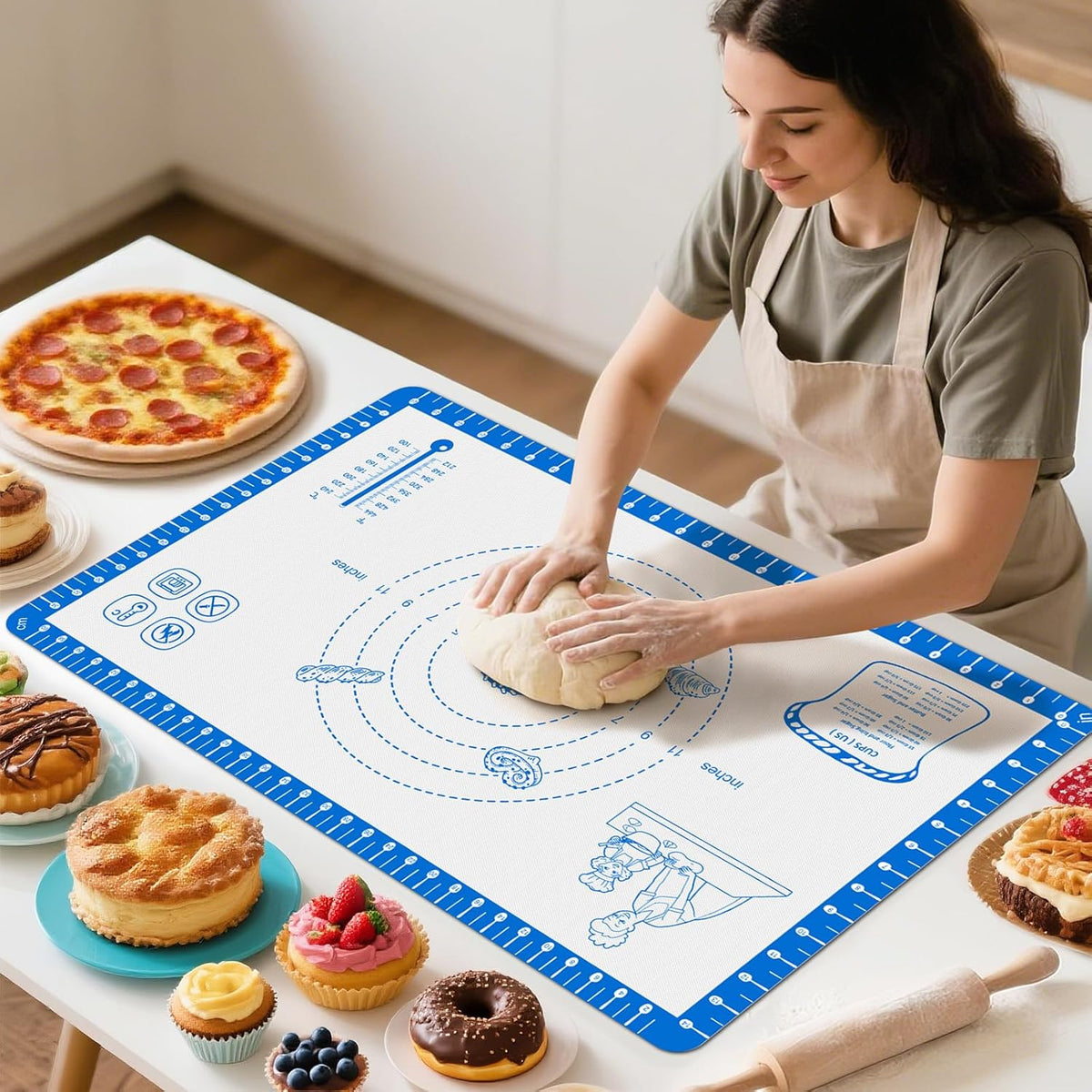 Silicone Baking Mat with 10 Useful Recipes, Silicone Mat for Baking,Cookie, Macaron, Pizza, Surdough,Silicone Sheet for Dough Rolling out, ExtraLarge and 480°F Oven Safe
