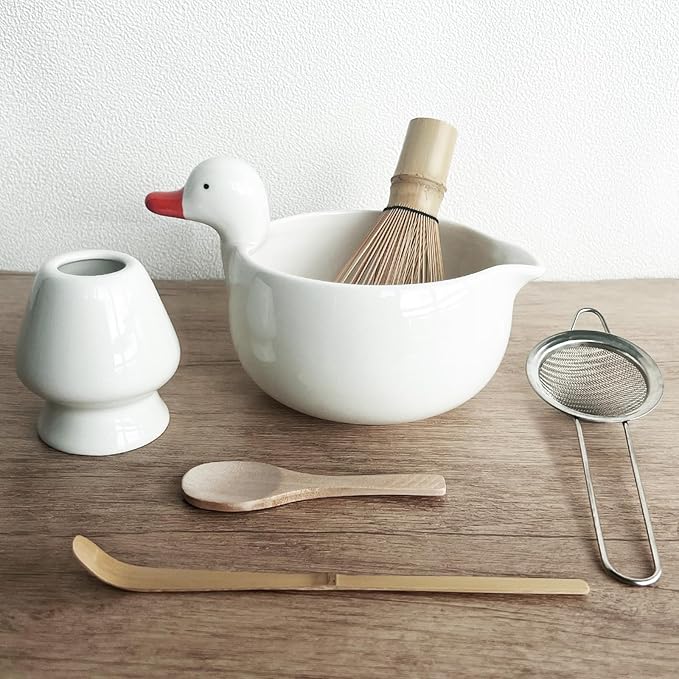 Matcha Whisk Set, Matcha Set with Cute Duck Inspired Matcha Bowl with Spout & Handle, Bamboo Whisk (Chasen), Holder, Scoop, Sifter, Complete Matcha Kit for Latte, Gifts