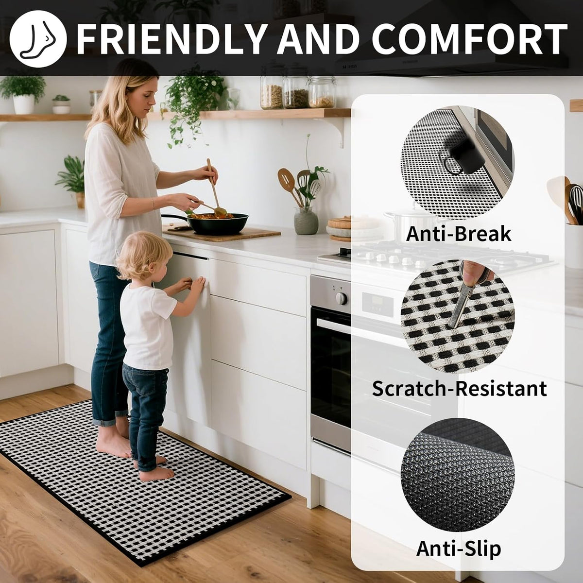 Kitchen Mat Kitchen Rugs Sets of 2 PCS Non Slip Washable, Super Absorbent Soft Braided Kitchen Mats for Floor, Rubber Backing Comfort Standing Kitchen Sink Mat Runner Rug, Black 17"x28"+17"x59"