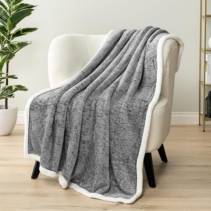 PAVILIA Melange Dark Gray Sherpa Blanket Throw for Couch, Warm Soft Cozy Reversible Blanket Sofa Bed, Thick Plush Large Fleece Car Blanket, Decorative Home Room Decor Gifts Men Women, 50x60 Dark Grey