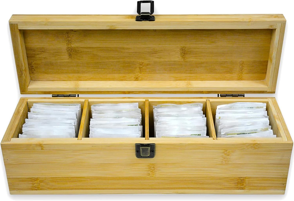 Bamboo Tea Organizer Box Chemical Free Eco-Friendly Big, Tall, Adjustable Cubbies Natural Wooden Storage Chest (4-Slot Across 14.3" x 4.4" x 4.2" with Tea Leaf design)