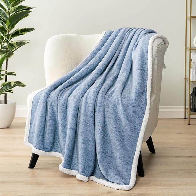PAVILIA Melange Blue Sherpa Blanket Throw for Couch, Warm Soft Cozy Reversible Blanket Sofa Bed, Thick Plush Large Fleece Car Blanket, Decorative Home Room Decor Gifts Men Women, 50x60 Navy Blue