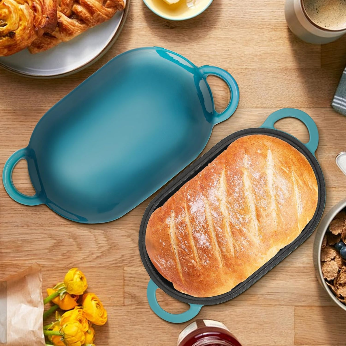 Enameled Cast Iron Bread Oven, 5QT Loaf Cast Iron Bread Pan with Lid, Oval Dutch Oven for Homemade Bread Baking (Gradient Blue-green)