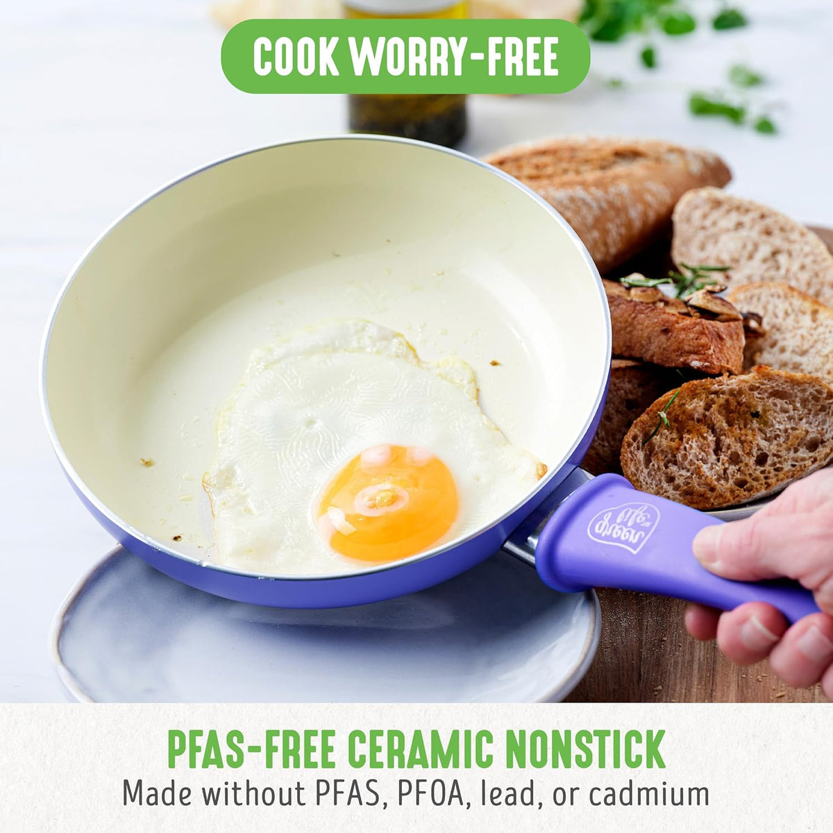 GreenLife 16 Piece Nonstick Cookware Set, Soft Grip Non-Toxic PFAS-Free Ceramic Pots & Pans, Dishwasher & Oven Safe, Frying, Sauce, Utensils, Glass Lids, Stay-Cool Handles, Wobble Free, Periwinkle