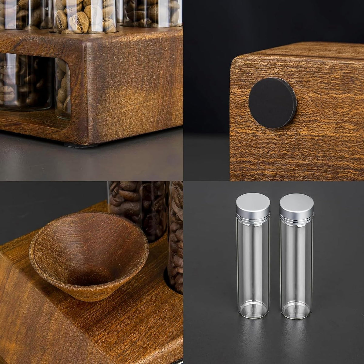Single Dose Coffee Bean Storage Tubes 12 Pcs Coffee Bean Cellar Container Dosing Glass Vials,2oz Glass Jars With Lids, 2 Layers Sapele Display Stand And Wooden Funnel(Large)