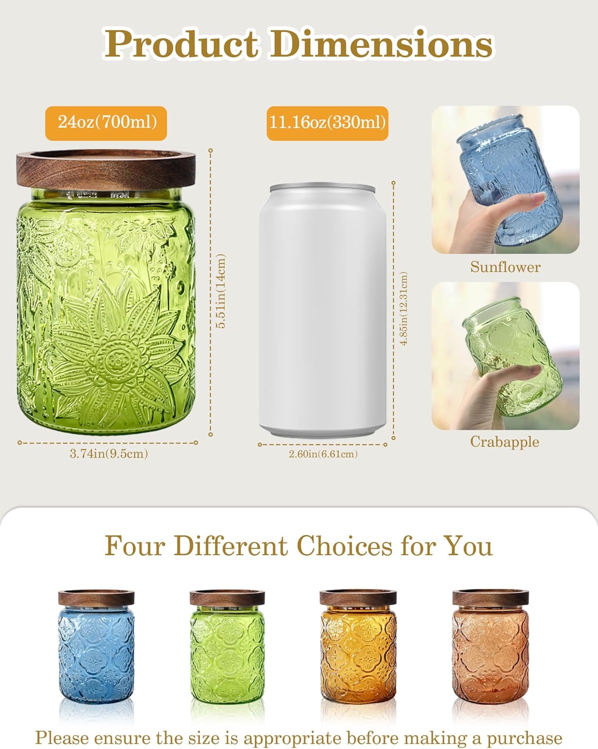 Glass Jars with Airtight Wood Lids – 24 OZ Kitchen and Pantry Canisters Sets, Decorative Vintage Storage Containers for Candy, Coffee, Cookie, Cereal, Flour, Sugar, Tea, Set of 4 Sunflower