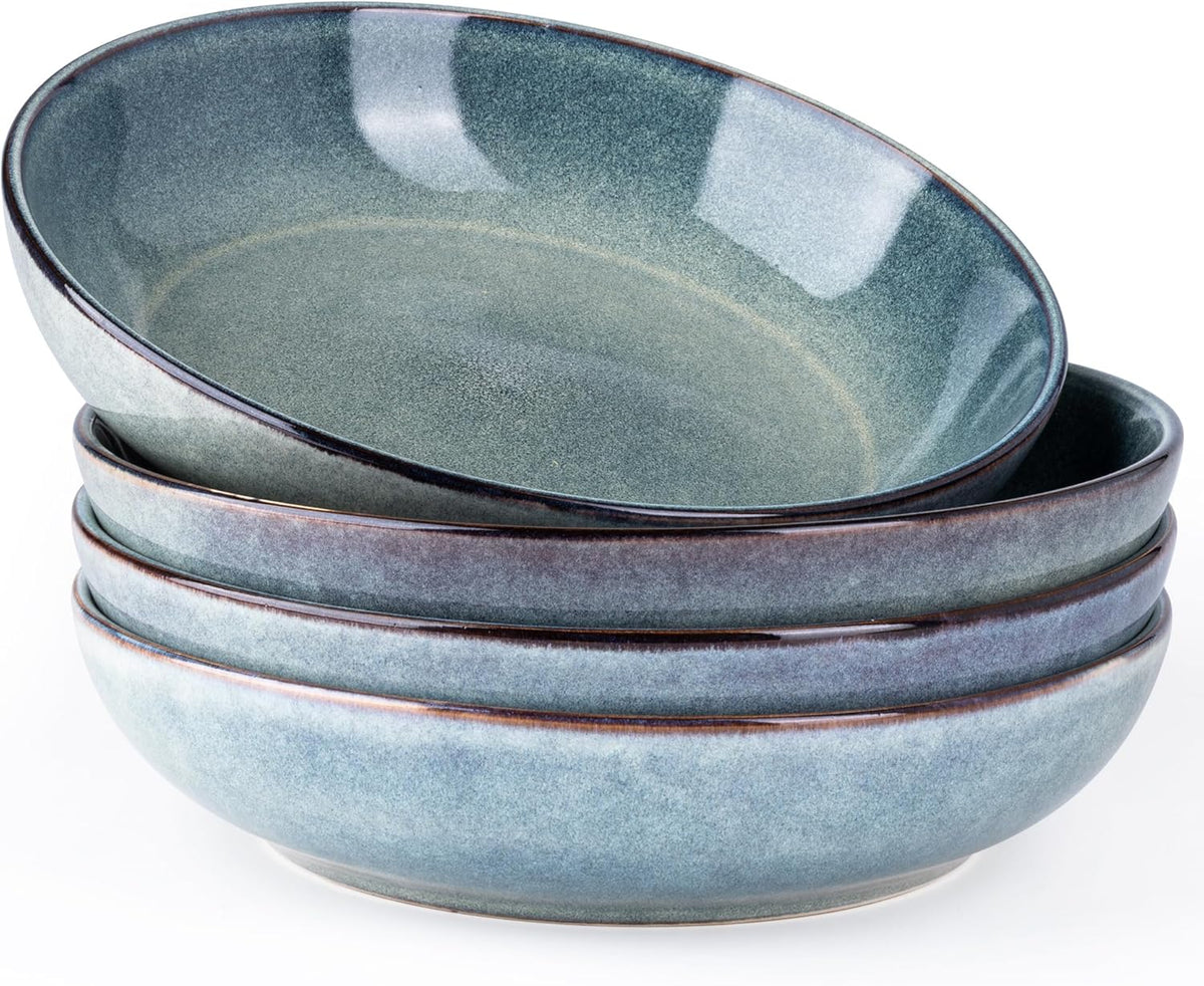 AmorArc 8.5'' Large Ceramic Pasta Bowls Set, 36oz Stoneware Bowls Set of 4 for Kitchen, Reavtive Glaze Bowls-Microwave, Dishwasher Safe for Pasta,Salad,Oatmeal-Ceylon Blue