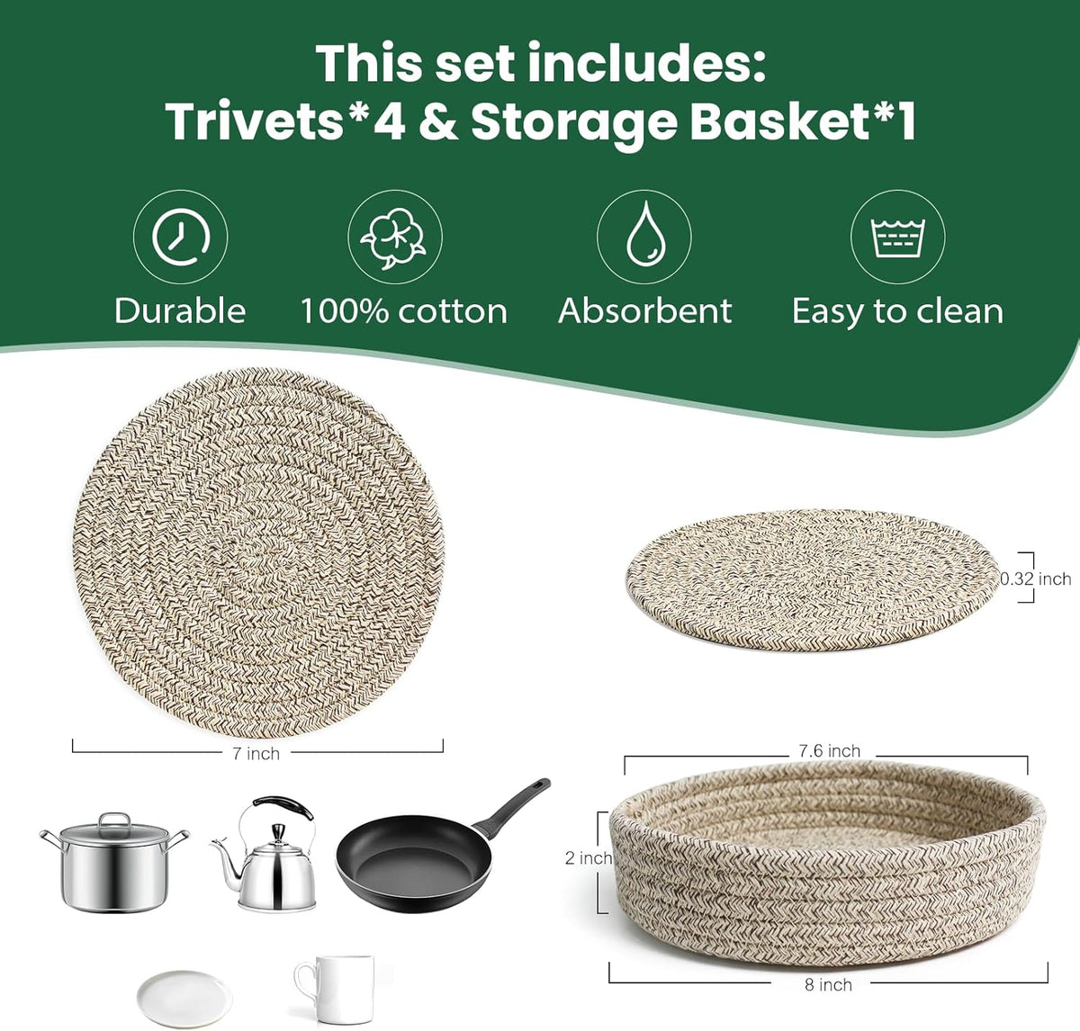 RIOOP 7 Inches Trivets for Hot Dishes, Pots and Pans with Storage Basket, 4 Heat Resistant Large Coaster for Kitchen, Hot Pads Mats for Countertops Table Kitchen Essentials Farmhouse Halloween Decor
