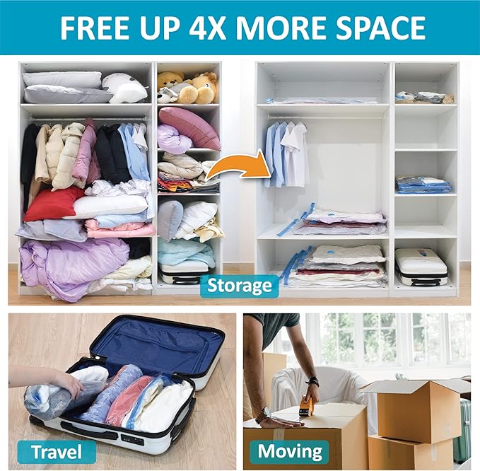 10 Pack Vacuum Storage Bags, Space Saver Bags (2 Jumbo/2 Large/3 Medium/3 Small) Compression Storage Bags for Comforters and Blankets, Vacuum Sealer Bags for Clothes Storage, Hand Pump Included