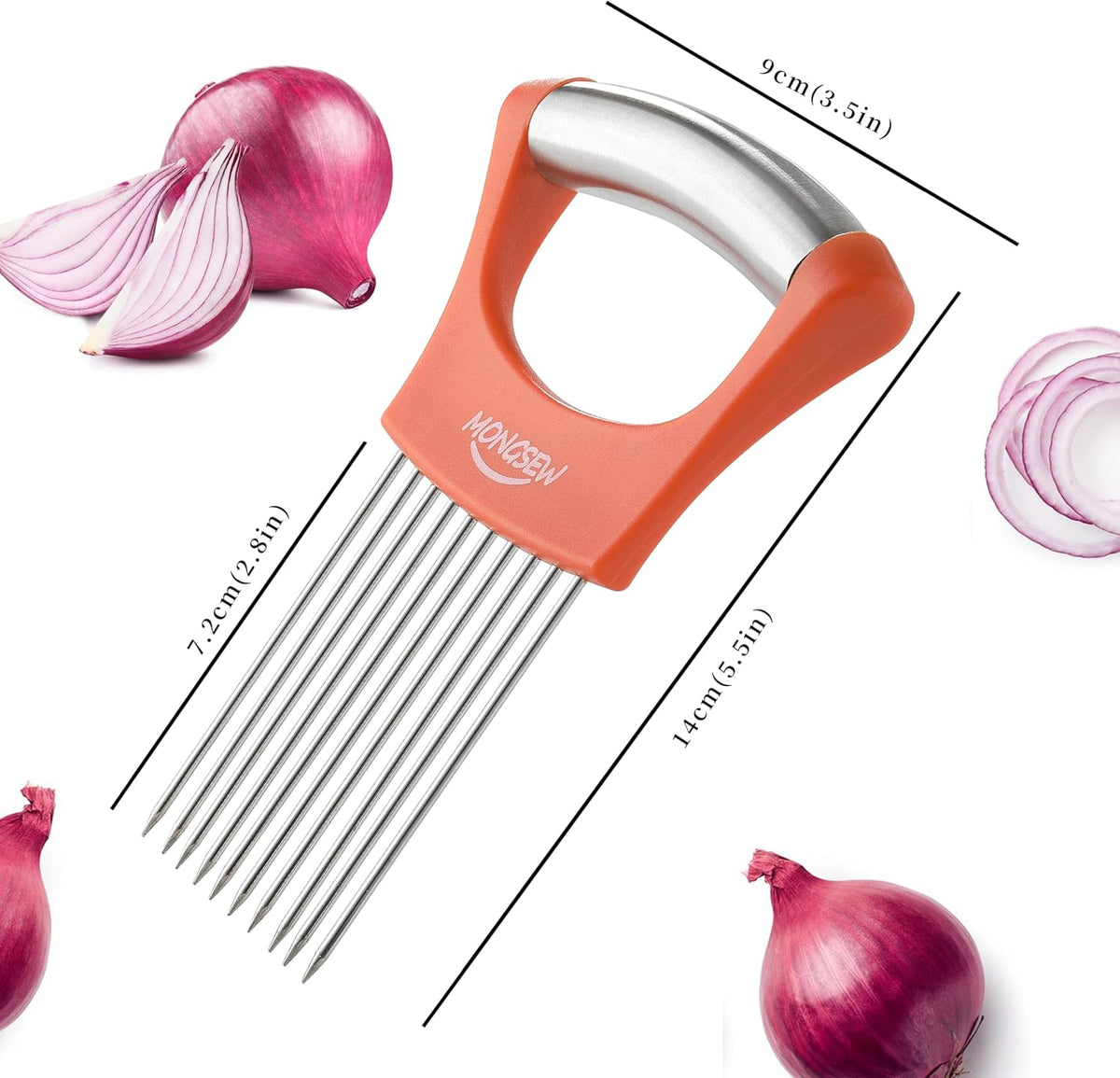Onion Slicer Holder, MONGSEW Stainless Steel Onion Cutter for Slicing and Storage of Onions, Avocados, Eggs, Dishwasher Safe, Protective Cover Included (Stylish Orange)