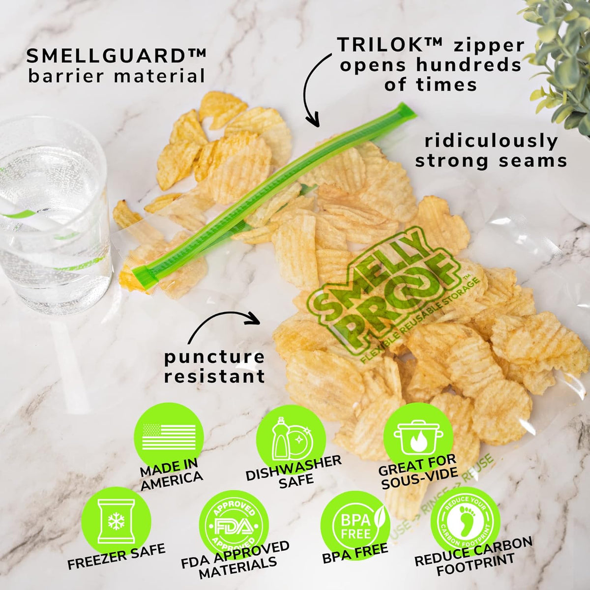 Smelly Proof Reusable Food Storage Bags Designed & MFG, USA MADE, Dishwasher-Safe, Easy-To-Clean, BPA FREE, NO PEVA, Clear FLAT Large 3-mil Thick, 8.5" x 10", Quart Size Bags, 10-Pack