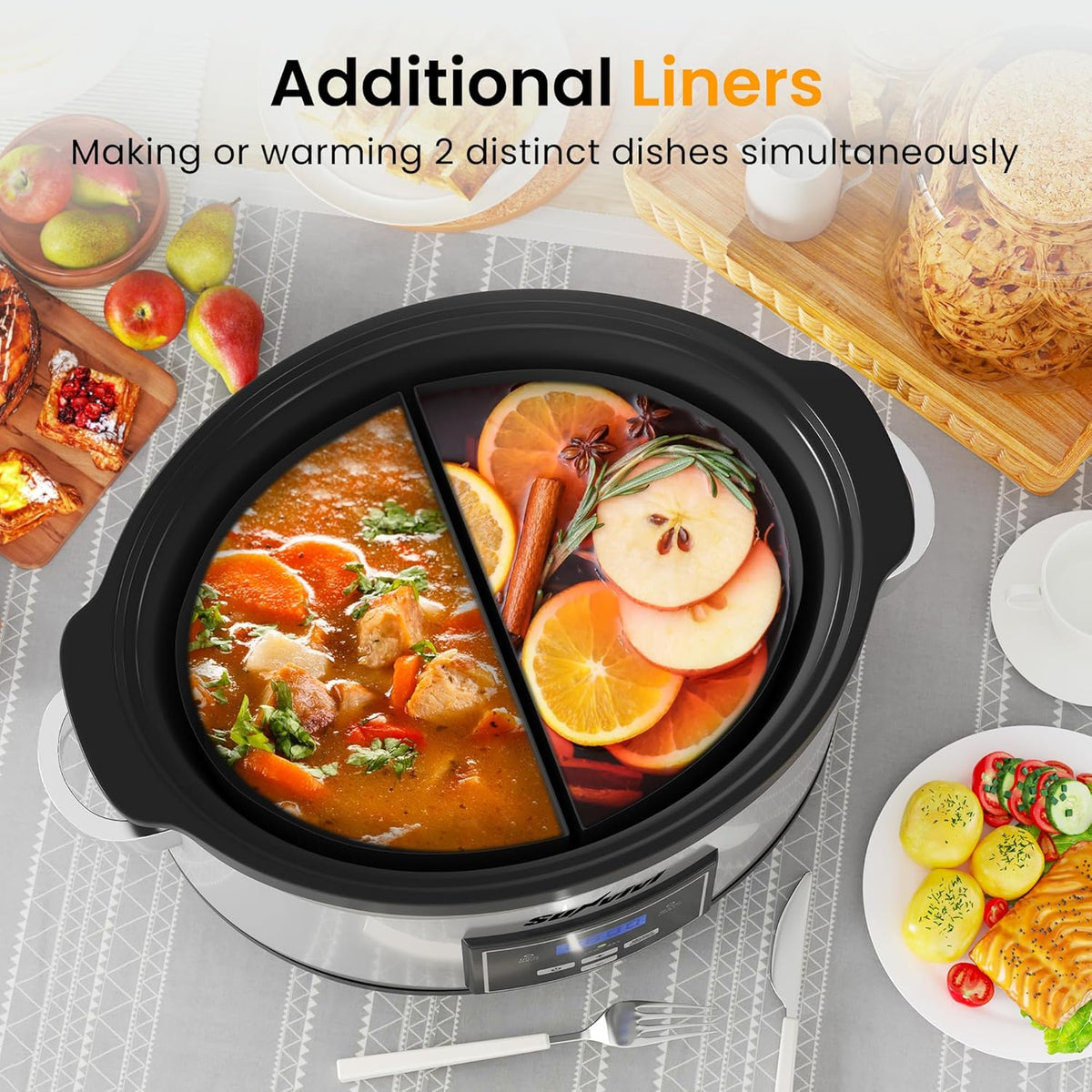 Sunvivi 6 Quart Programmable Slow Cooker with 2 in 1 Silicone Liners, Multi-Cooker Food Warmer with Digital Timer, Adjustable Tempature Control, Dishwasher Safe Parts, Silver
