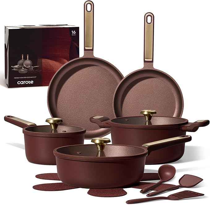 CAROTE Pots and Pans Set Nonstick, 16pcs Cookware Set Nonstick Non-Toxic & PFOA&PFOS-Free, Dishwasher, RV/Camping Cookware Set, Cooking Pots with Lids,Wine Red