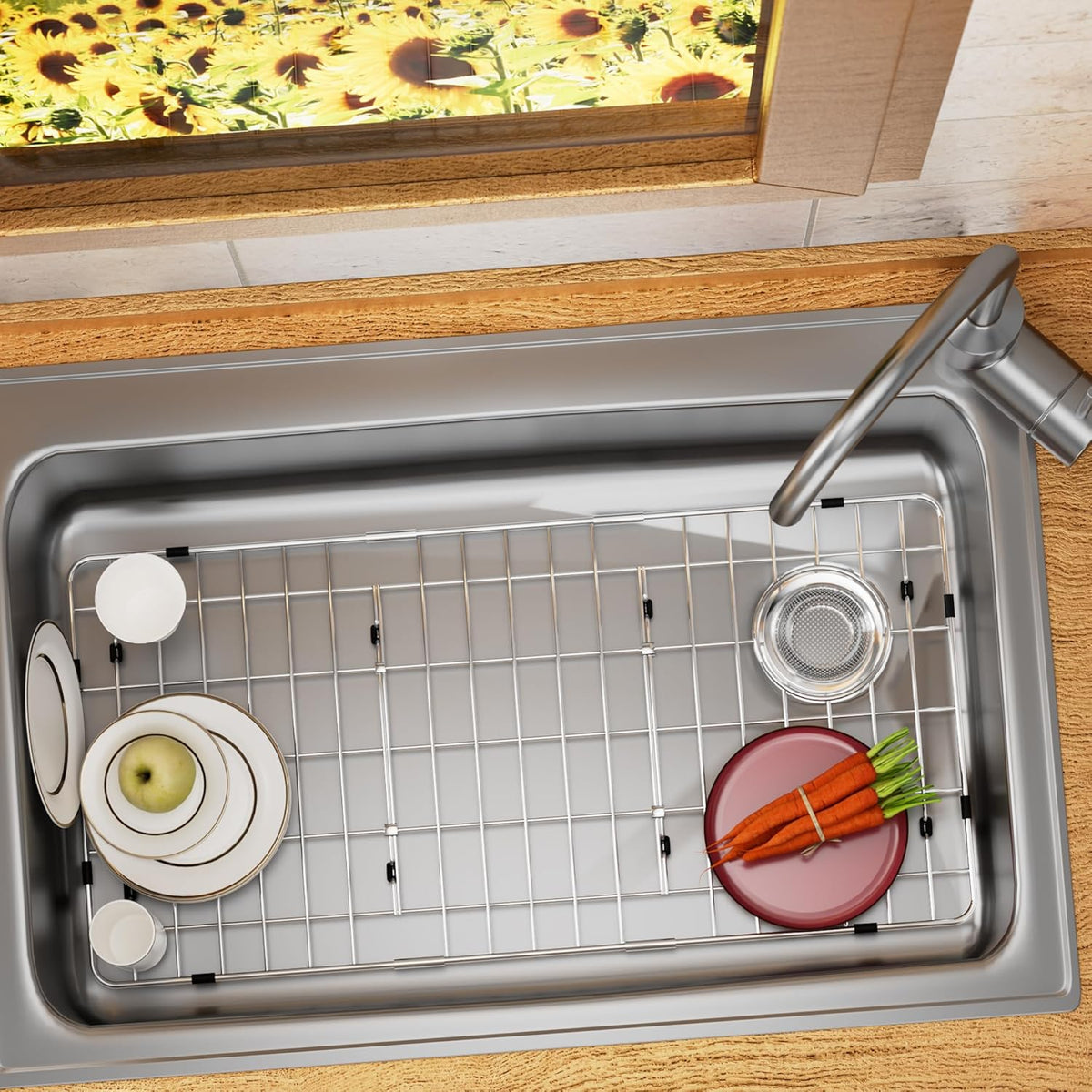 iPEGTOP Sink Bottom Grid, 3-Piece Stainless Steel Sink Protector 28-1/4" x 14-1/4" Side Drain Hole, Sink Grate for Bottom of Kitchen Sink Single Sink Bowl with Sink Hole Cover