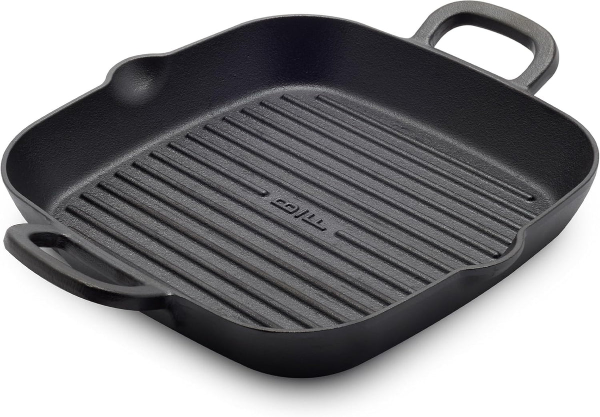 GreenPan x Bobby Flay Cast Iron 11” Square Grill Pan, Pre-Seasoned Professional Grade Heavy Duty Skillet, Helper Handles, Induction Suitable, Stovetop, Oven, BBQ & Fire, Indoor & Outdoor Use, Black