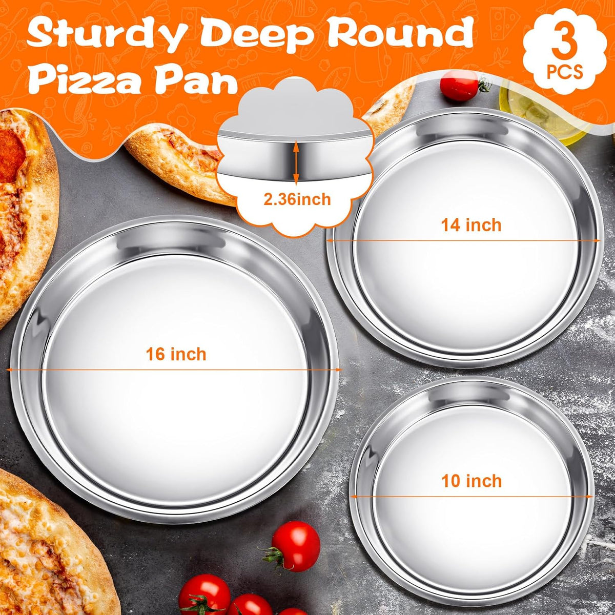 Nuogo 3 Pcs 16 14 10 Inch Large Deep Pizza Pans Stainless Steel Pizza Tray Round Oven Tray Rust Proof Reusable Bakeware Cooking Pan Dishwasher Safe for Baking, Serving, and Displaying Cookie Pie