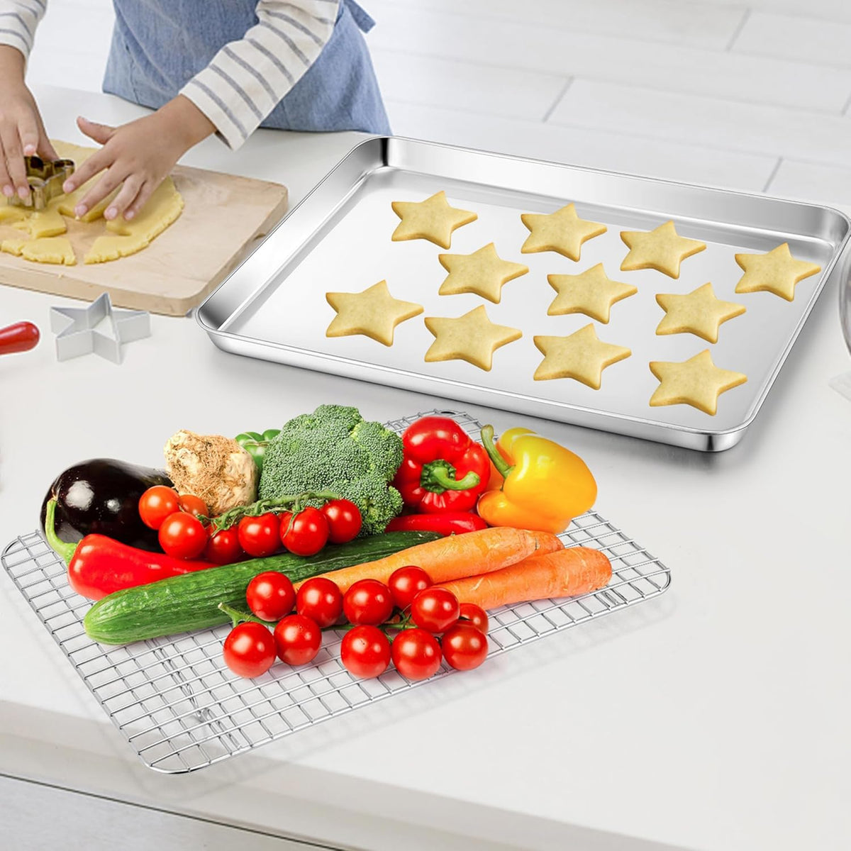 TeamFar Cookies Sheet with Rack, 16 x 12 x 1 Inch Stainless Steel Baking Sheet Tray Pans with Grid Wire Racks for Cooling Baking Roasting, Non-Toxic & Heavy Duty, Dishwasher Safe, 2 Pans + Racks