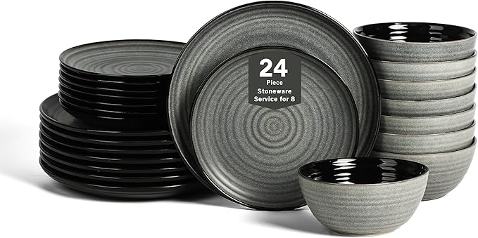 Stone Lain Dua 24-Piece Dinnerware - Stoneware, Plate and Bowls, Dishwasher and Microwave Safe, Dish Set for 8, Black