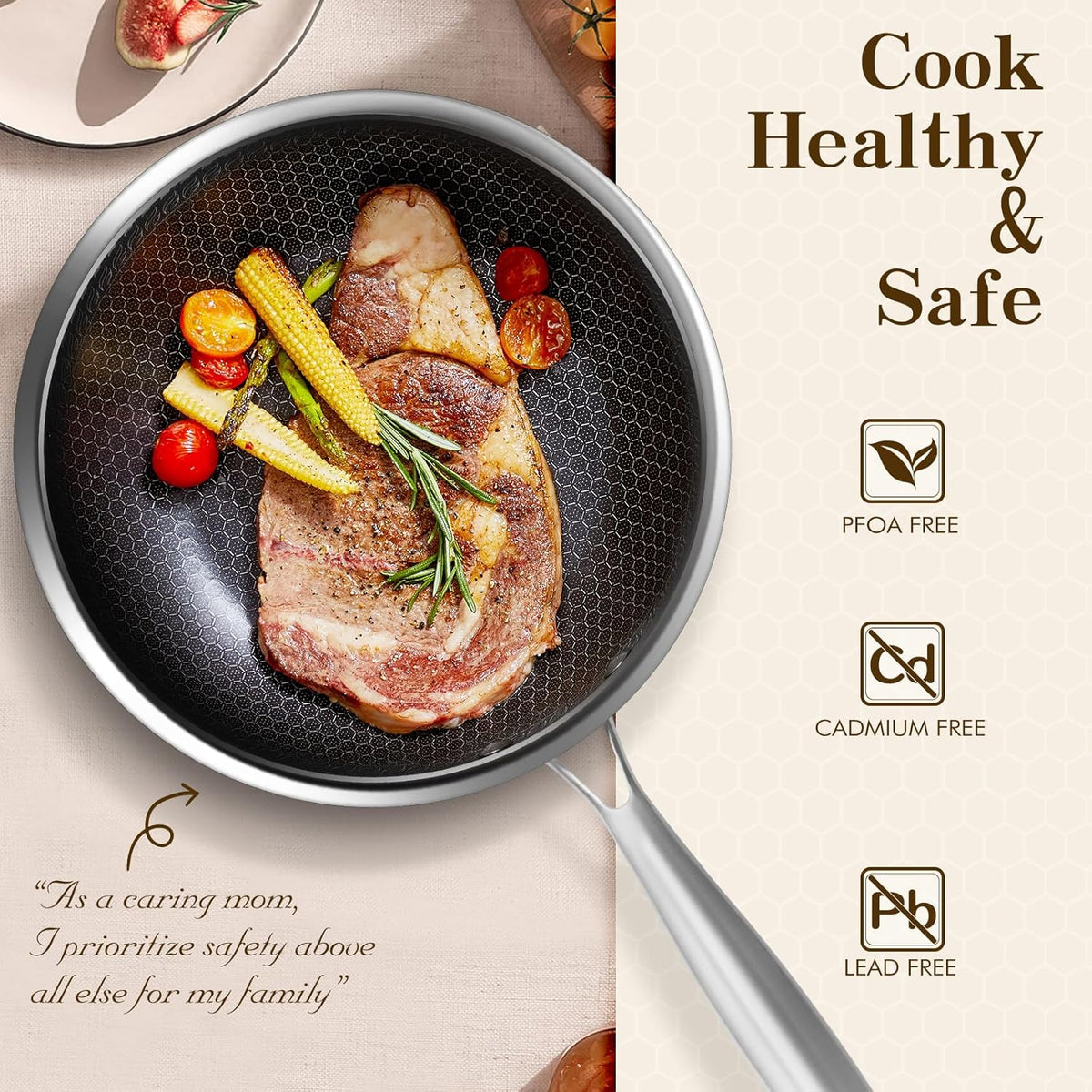 MDHAND 12 Inch Nonstick Frying Pan, Premium Stainless Steel Skillet with Stay-Cool Handle, No Coating, Dishwasher-Friendly, Oven-Safe, Induction Ready, Compatible with All Cooktops