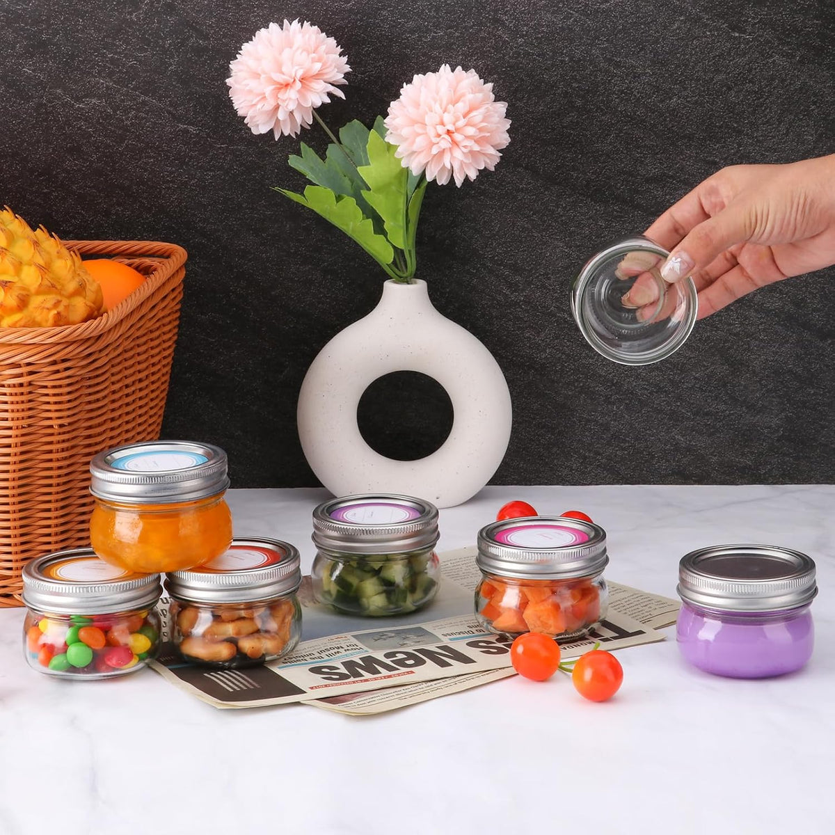 4 oz Mason Jars With Silver Lids and Bands, 24 Pack Regular Mouth Canning Jars for Jam, Honey, Yogurt, Candy, Spices, Snacks, DIY Projects, Wedding Favors- Includes 30 Stickers