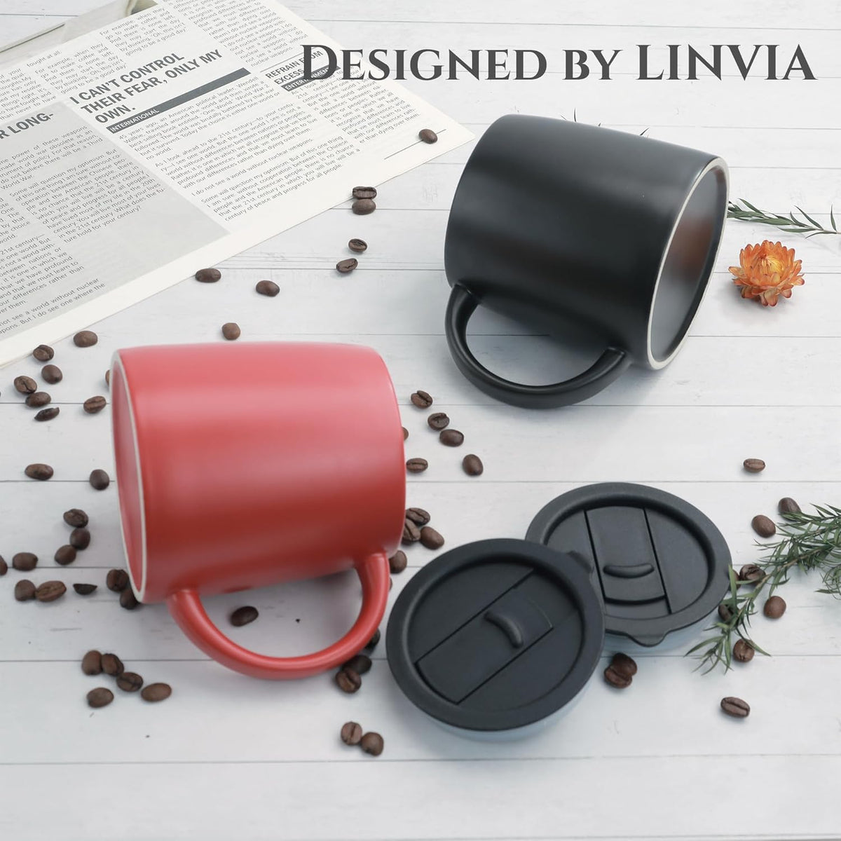 Classic Mug, 14 oz Large Coffee Mug with Handle, Ceramic Porcelain Tea Cup, Smooth Matte (Sliding Lid, Black)