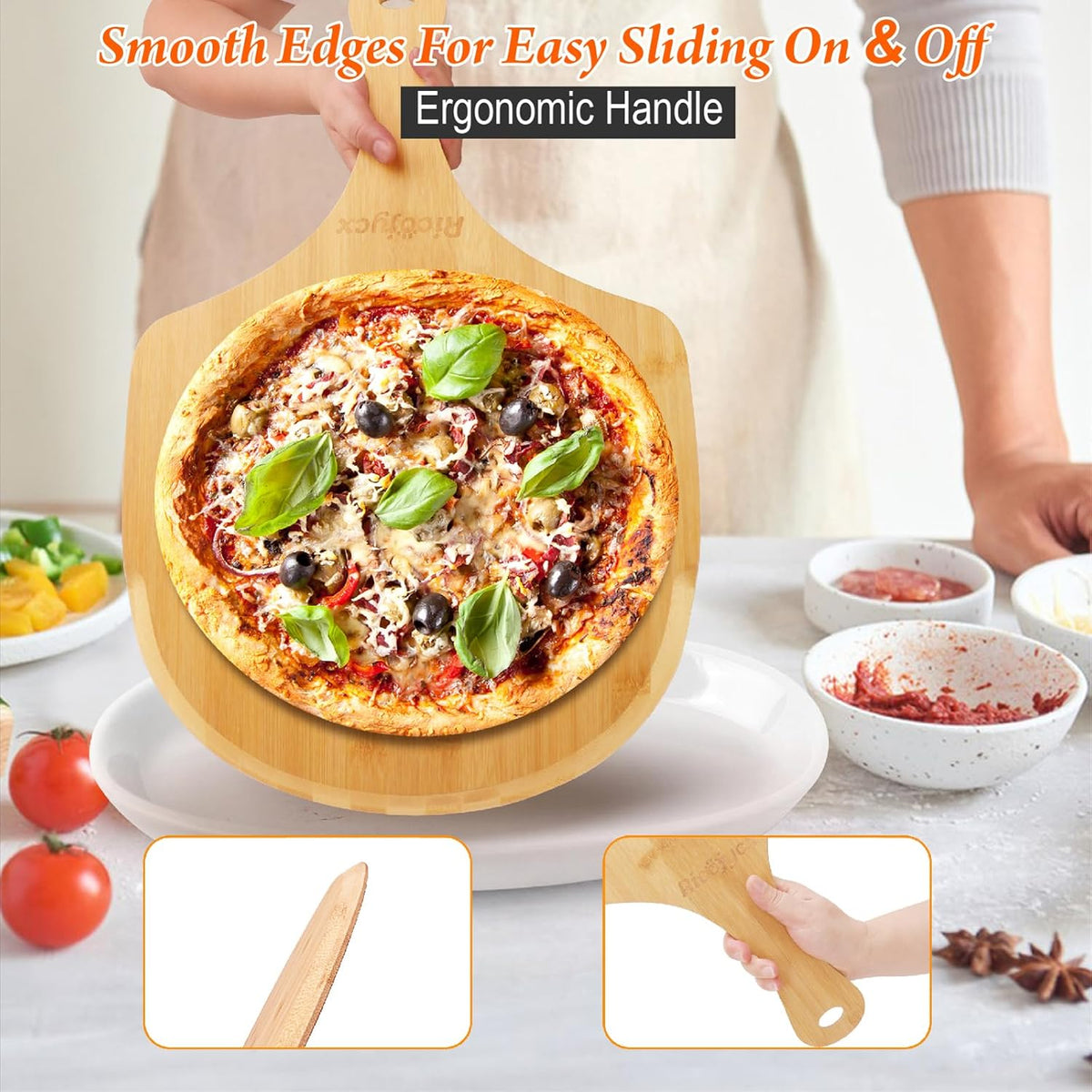 2 Pack Natural Bamboo Pizza Peel 14 inch, Wood Pizza Paddle, Cutting Board with Handle for Pizza, Bread, Cheese, Vegetable, Fruits