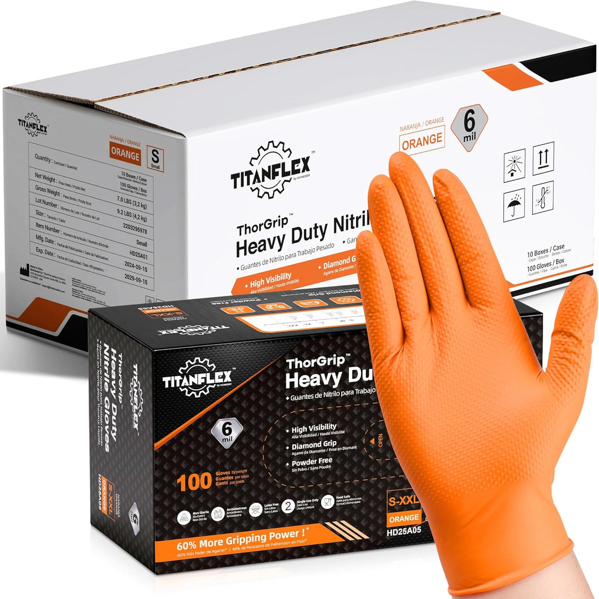 TitanFlex Heavy Duty Orange Nitrile Gloves, 6 Mil, Raised Diamond Texture, Mechanic Disposable Gloves, Latex Free Powder Free